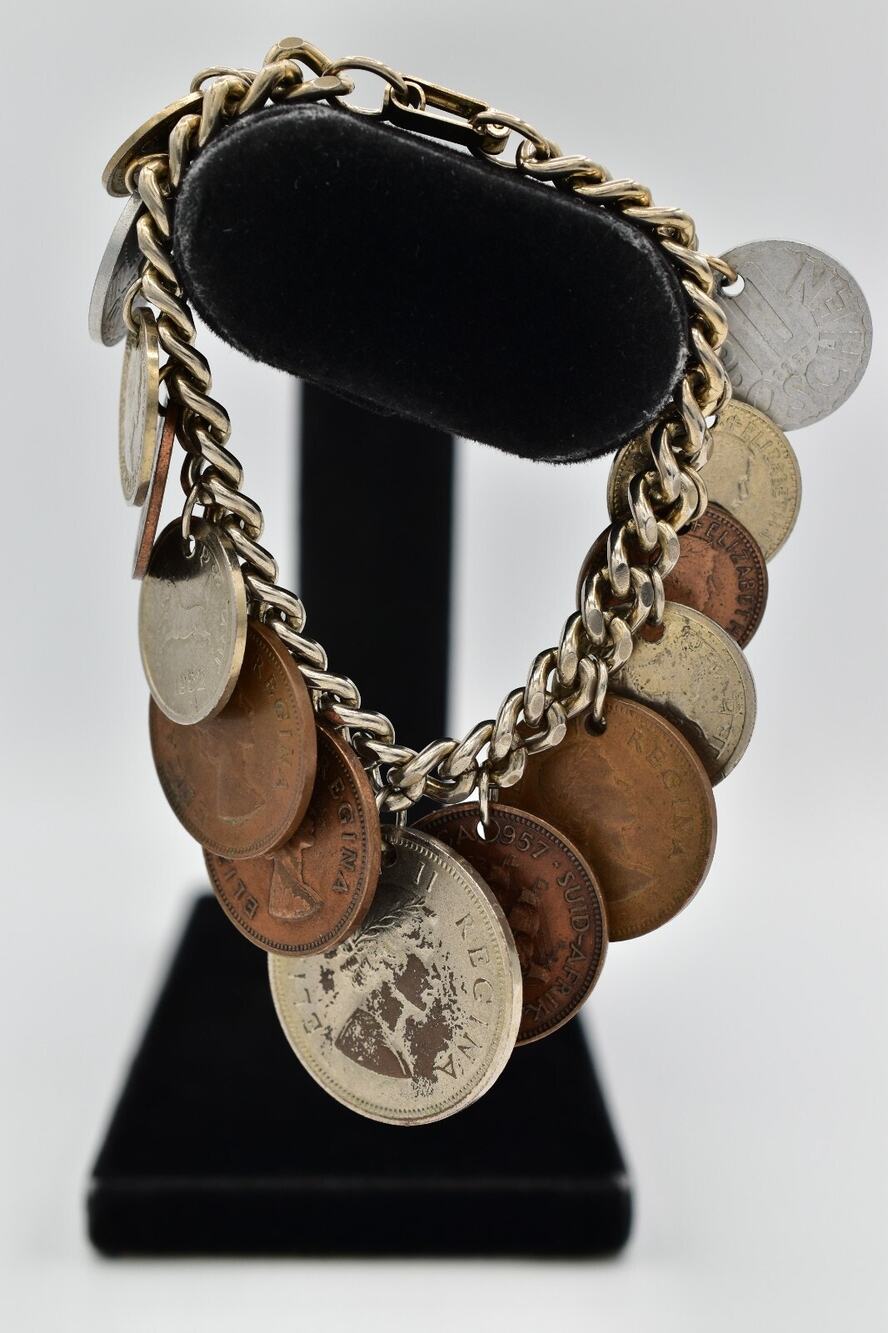 Vintage 1950s Coin Charm Bracelet Mixed Metal Chunky Silver Brass Dangle Bin4